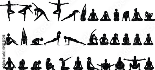 Yoga silhouette set, standing, seated, inverted poses, balance, stretch, meditation, strength-building wellness theme - flat vector illustration
