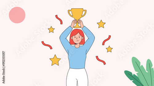 Illustration of a smiling woman holding a trophy above her head surrounded by confetti and stars on Employee Appreciation Day in a celebratory flat design.