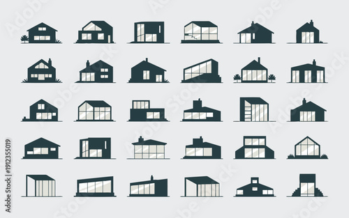 Collection of diverse architectural house styles in minimalist black and white icons