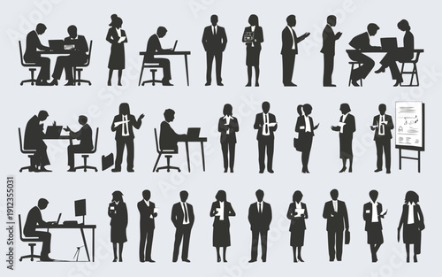 Diverse group of professionals engaging in various office activities and meetings