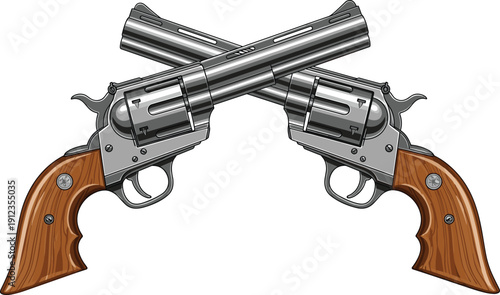 Crossed revolvers silhouette illustration, Western emblem, firearms graphic, dueling symbol, vintage weapon design theme - flat vector illustration