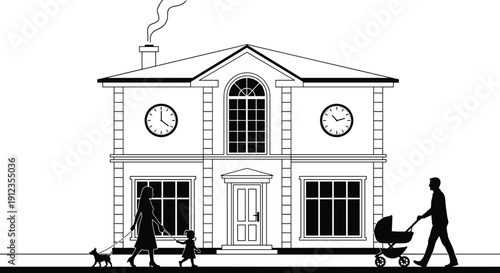 Family house silhouette illustration, two-story home, clocks, smoke chimney, people walking dogs, child, stroller, daily life theme - flat vector illustration