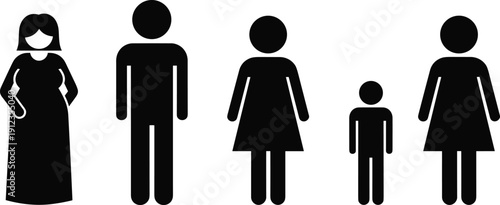 Family silhouette icon set, pregnant woman, adult man, adult women, young boy, demographic representation theme - flat vector illustration