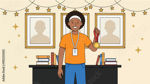 A cartoon illustration of a smiling young adult holding an award and a medal in a decorated room with framed portraits and books on a shelf for Employee Appreciation Day.
