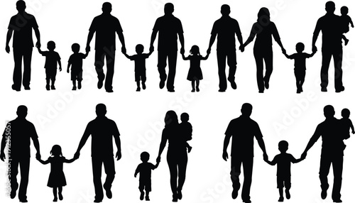 Family silhouette set, adults with children, caregiving roles, diverse family configurations, parenting lifestyle theme - flat vector illustration