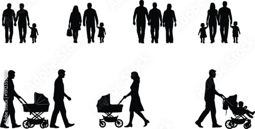 Family silhouette set, parents with children, strollers, caregiving roles, diverse family structures, parenting lifestyle theme - flat vector illustration