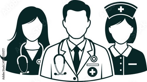 Healthcare professional silhouette set, doctor, nurse, stethoscope, medical team, hospital clinic staff theme - flat vector illustration