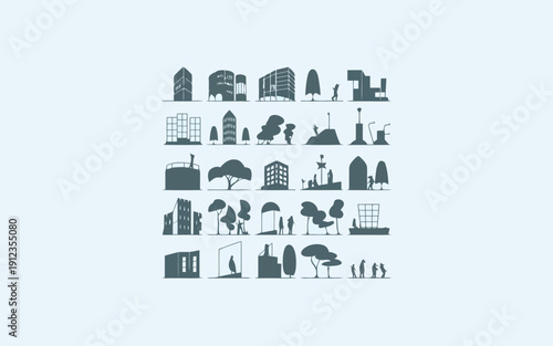 Diverse collection of architectural icons and building symbols in monochrome style