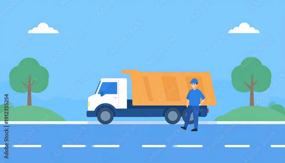 Naklejka premium Illustration of a construction worker near a dump truck on a road with trees and clouds in the background