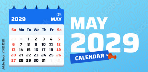 May 2029 calendar template design. May 2029 monthly schedule in Sunday start format. Minimal vector layout with Saturday and Sunday as weekend days