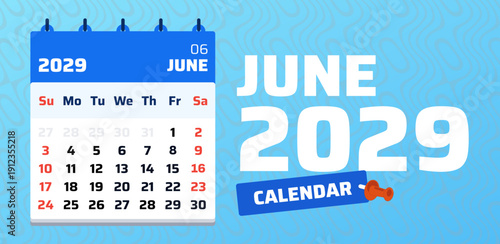 June 2029 printable monthly calendar. Clean June 2029 planner template, week beginning Sunday. Vector illustration with highlighted weekend dates