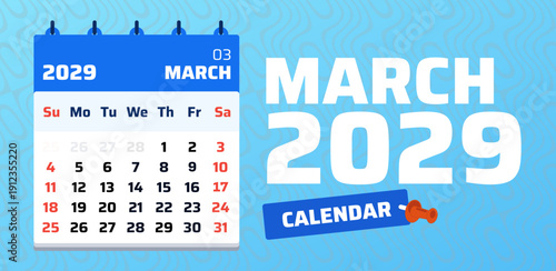March 2029 monthly calendar design. 2029 calendar page for March with Sunday start format. Simple vector template featuring weekend on Saturday and Sunday
