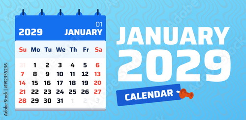 January 2029 calendar template. Monthly planner design for January 2029 with week starting on Sunday. Clean vector layout with weekends highlighted on Saturday and Sunday.