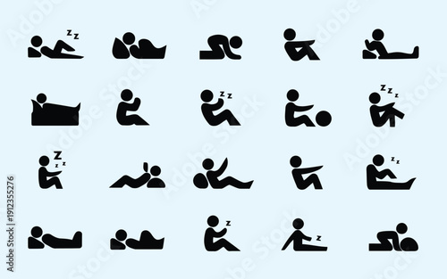 Collection of yoga and stretching poses illustrated in black and white icons