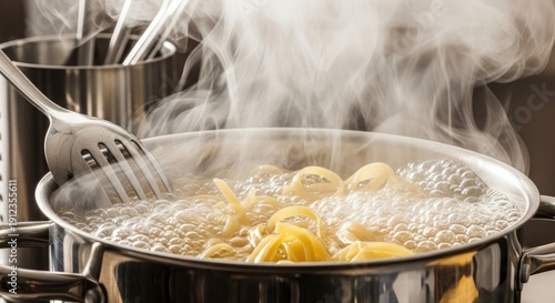 Pasta Boiling in a Pot with Steam.
