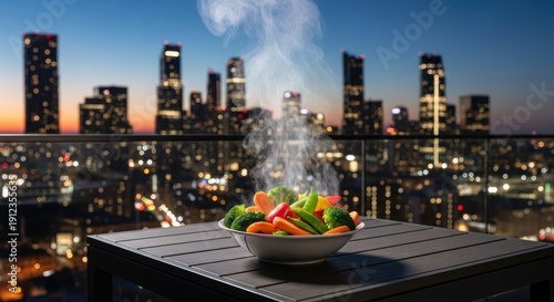 Steaming Vegetables on a Balcony with City Skyline.