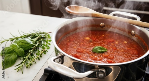 Tomato Sauce Simmering on Stove with Herbs.