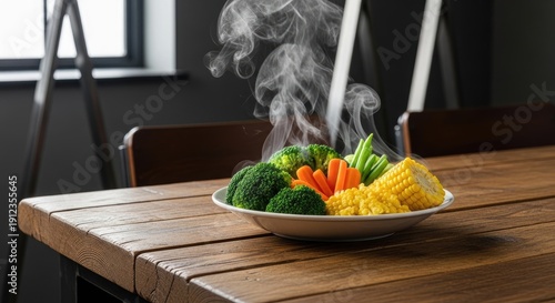 Steaming Vegetables on a Wooden Table.