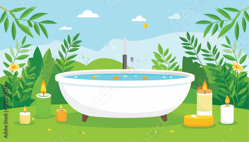 Tranquil Outdoor Spa Bath Illustration. Luxury Wellness Bathtub Surrounded by Lush Green Nature, Lit Candles, and Relaxation Elements.