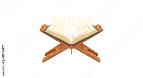 Open holy Quran book on a wooden stand emitting bright golden light rays against a white background.