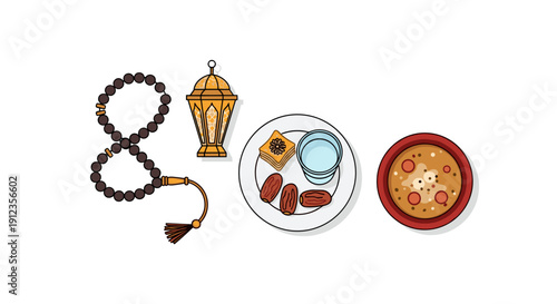 Ramadan Iftar items: prayer beads, golden lantern, plate with dates, baklava, water glass, and a bowl of soup on white background.