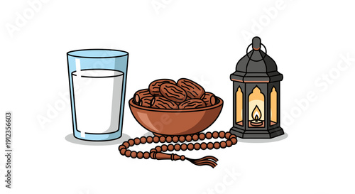 Ramadan Iftar or Suhoor setup with a glass of milk, bowl of dates, dark lantern, and prayer beads on white background.