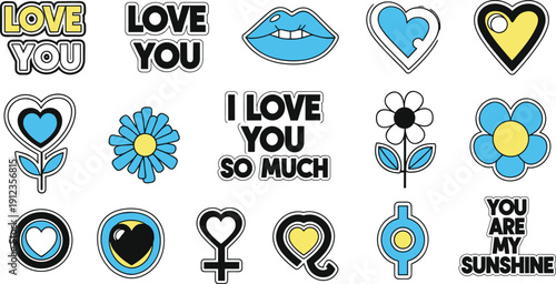 Collection of heart and flower illustrations expressing love and affection in various designs and styles