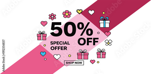 Special Offer Sale with Heart-Shaped Decorations and Gift Boxes
