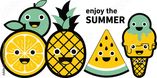 Cartoon fruits and desserts with smiling faces enjoying summer in a vibrant display