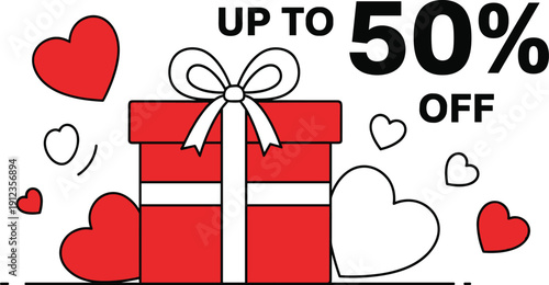 Red Gift Box with Ribbon and Hearts on Valentine's Day Sale