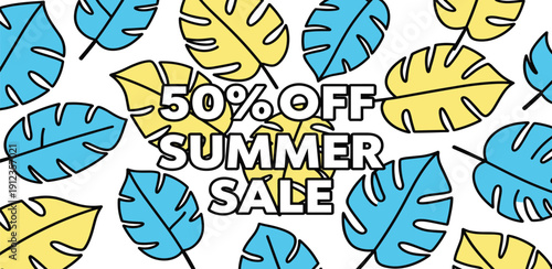 Summer sale advertisement with tropical leaves and discount offer displayed prominently in a graphic illustration