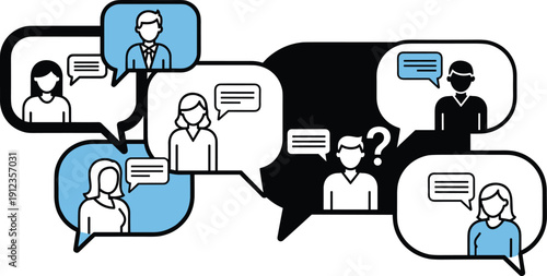 A group of diverse people are communicating through speech bubbles from different viewpoints