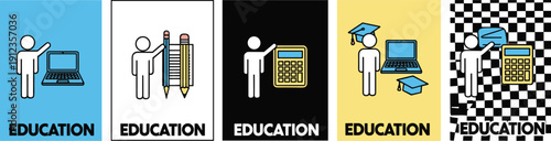 A series of education-themed icons featuring people with various educational elements