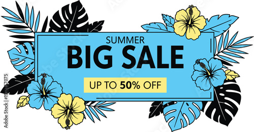 Vibrant Summer Sale Advertisement with Tropical Flowers and Leaves