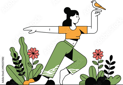 A dancer moves gracefully among plants and flowers with a bird perched on her hand in a serene illustration.