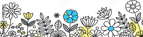 A vibrant floral border featuring assorted flowers and leaves in a simple line art style, viewed from directly above.