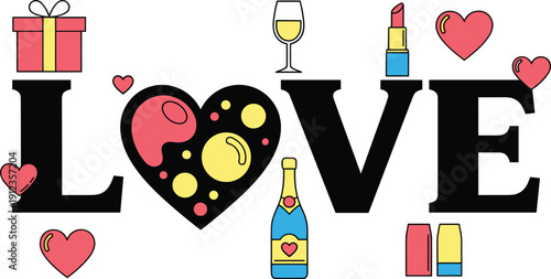 Celebrating love with gift, champagne, and cosmetics in a festive illustration