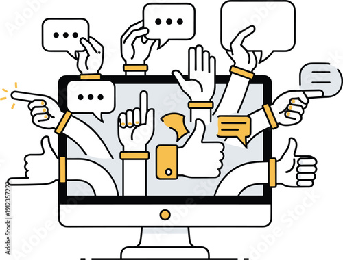 Multiple hands interacting with a computer screen displaying thumbs up and speech bubbles