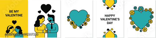 Valentine's Day illustrations featuring couples, hearts, and love messages in graphic designs