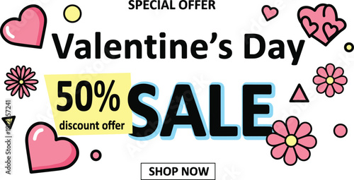 Valentine's Day sale advertisement with hearts and flowers decoration