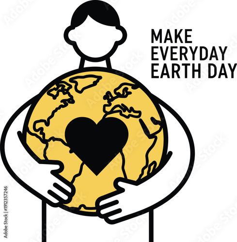Person embracing the Earth with a heart symbol on it, promoting environmental care and conservation every day worldwide illustrations