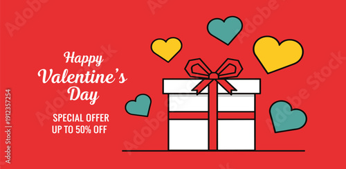 A gift box surrounded by hearts celebrating love and Valentine's Day with festive decorations