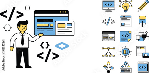A developer illustrating coding concepts surrounded by programming icons and symbols on a clean white background from a straightforward viewpoint