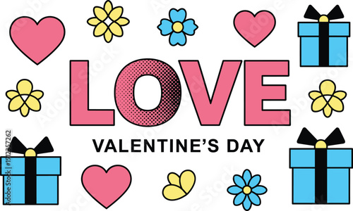 Valentine's Day celebration with hearts, flowers, and gift boxes, showcasing love and affection in a festive illustration