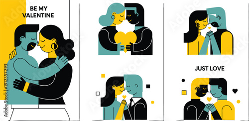 Couple embracing with affection in various illustrated scenes and Valentine's Day messages