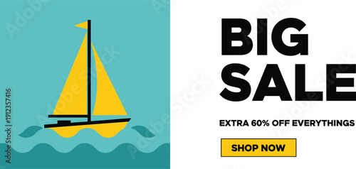 Sailboat floating on calm waters during a big sale event illustration from a distant viewpoint