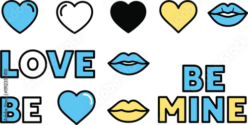 Valentine's Day illustration featuring hearts and lips with bold typography and playful design elements