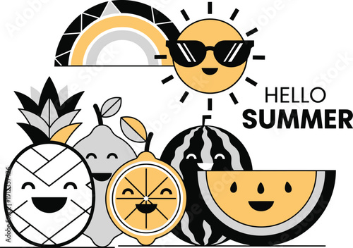 Vibrant Summer Fruits and Smiling Sun Illustration with Refreshing Elements