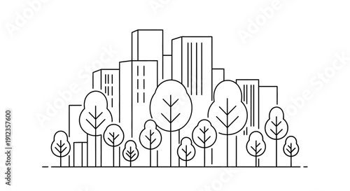 Cityscape with trees and buildings.