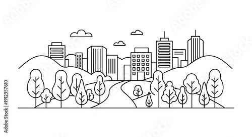 City skyline with trees and buildings.